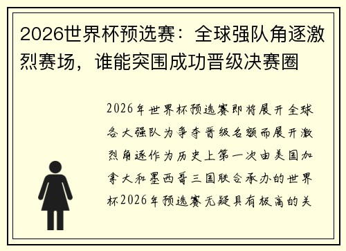 2026世界杯预选赛：全球强队角逐激烈赛场，谁能突围成功晋级决赛圈